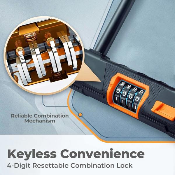 Bike Lock Combination D Lock with Cable 4 Digit Alloy Steel Black Orange