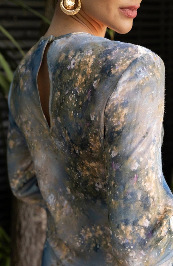 Rewritten London Dolly Fringe Sleeve Dress in Blue Print