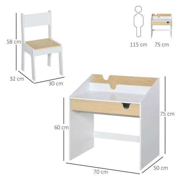 White kids desk and chair set shown with light wood writing surface and drawer
