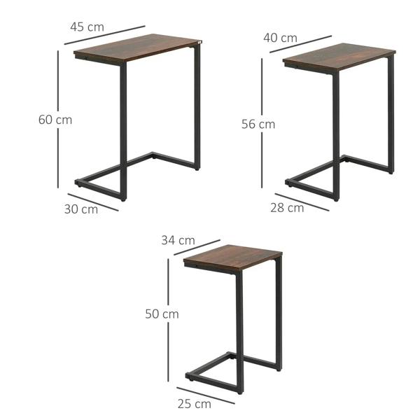 Set of 3 nesting side tables with dark brown tops; size diagram with heights