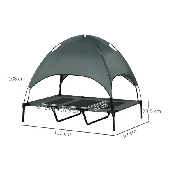 Grey raised pet cot with arched canopy and foldable elevated frame
