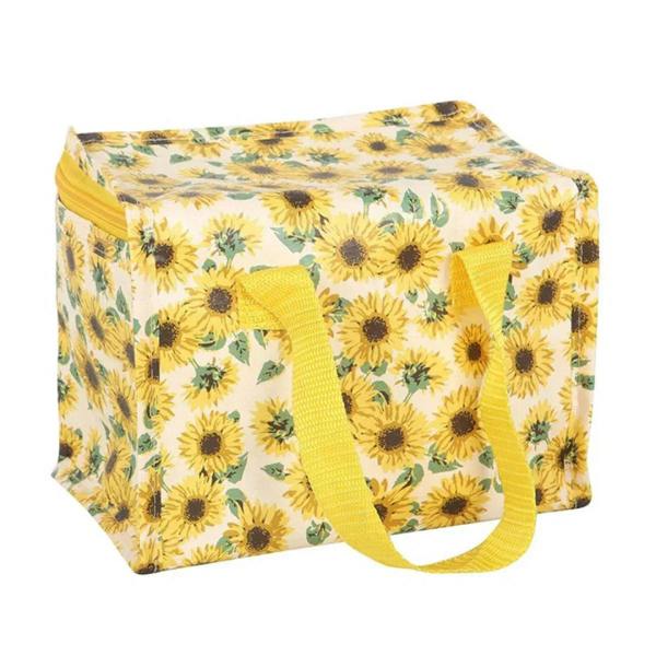 Sunflower print insulated lunch bag with yellow strap handles and top zipper