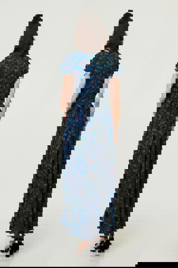 Blue | Geo Print Cap Sleeve Ruched Maxi Dress
