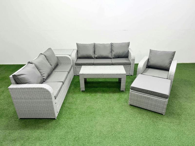 Fimous 8 Seater Poly Rattan Outdoor Set, Garden Furniture, Coffee Table, 3 Seater Sofa, Reclining Chair, 3 Seater Sofa, Big Footstool and Side Table