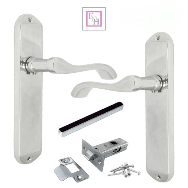 EDH Door Hardware Door Handles Cadenza Chrome Scroll on Backplate, Latch, Lock & Bathroom Sets