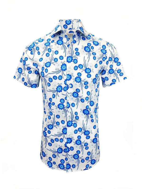 White and Blue Floral Print Short Sleeves Shirt