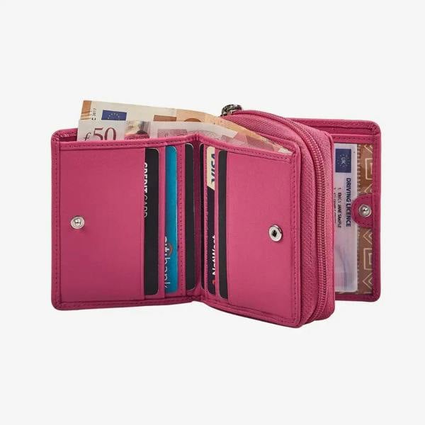 Compact pink leather wallet with coin pocket