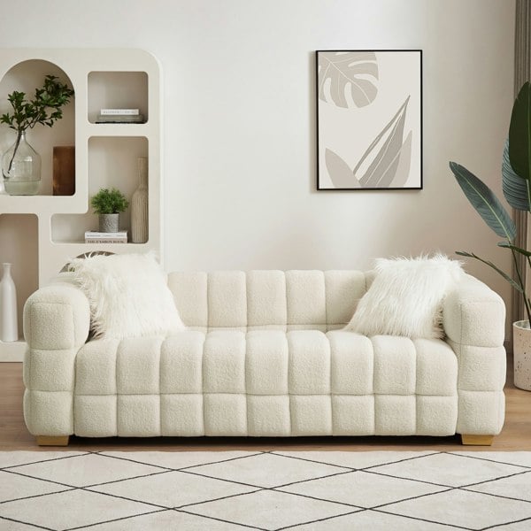 Furniture One Teddy Fleece 3 Seater Sofa - 210cm Loveseat Couch, Upholstered Padded Modern Leisure Sofa with 2 Pillows - White