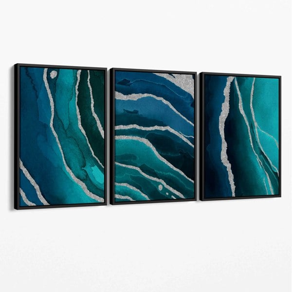 Artze Wall Art Set of 3 Teal, Navy Blue and Silver Canvas Art Prints