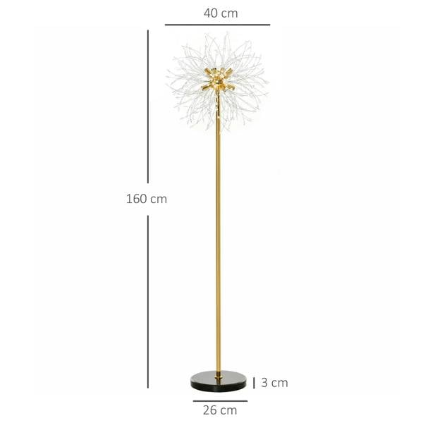 Gold tone dandelion-style crystal floor lamp with base and height dimensions