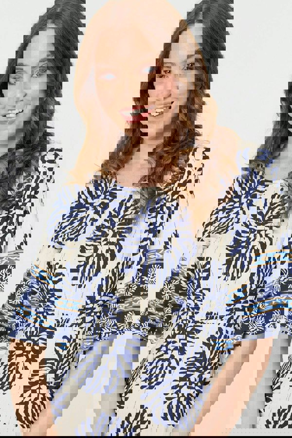 Navy | Floral Flared Sleeve Ruched Midi Dress