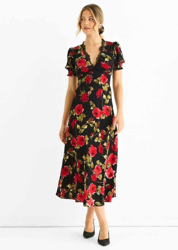 Gini London Black Floral Lace Trim Detail Midi Dress