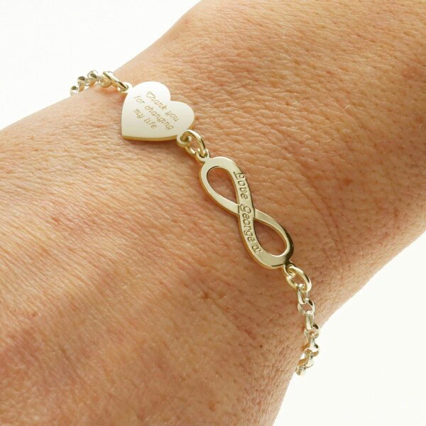 Christopher James of London 9ct Yellow Gold Custom Engraved Heart and Infinity Bracelet
