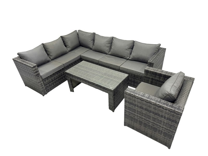 Fimous 4 Pieces Outdoor PE Rattan Garden Furniture Corner Sofa Oblong Coffee Table Set with Cushions Dark Grey Mixed
