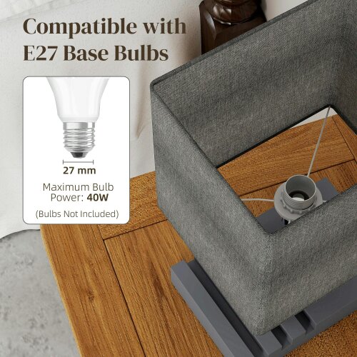 Wyld Haus Kata Wood And Fabric Grey Bedside Table Lamp With USB Charging Ports Phone Stands And Fabric Shade