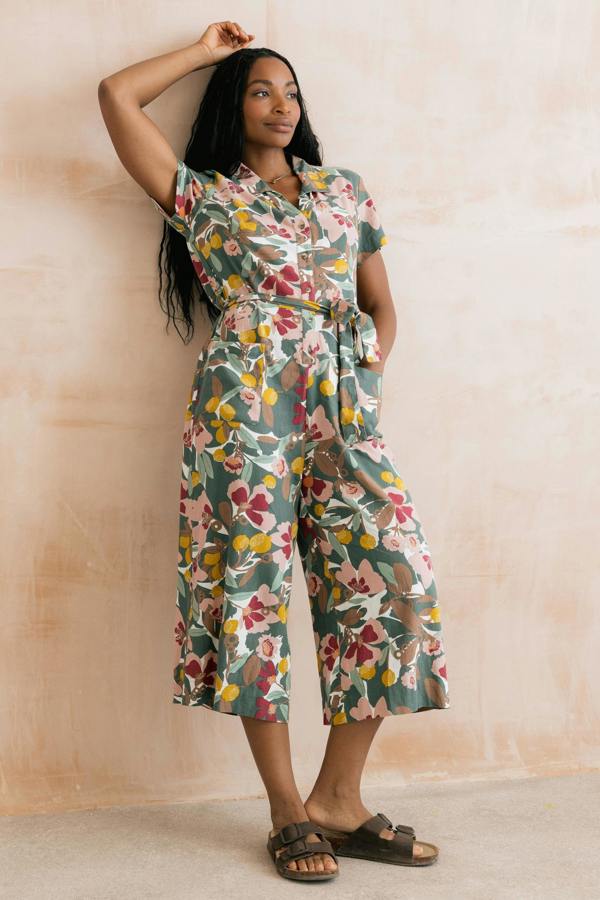 Lily & Me Josie Linen Blend Cropped Jumpsuit Ceres Laurel Green
