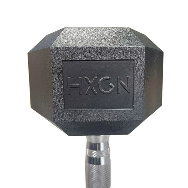 Hexagonal 17.5KG dumbbell with 'HXGN' branding