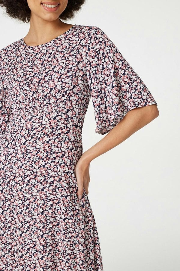 Pink | Floral Angel Sleeved Midi Dress