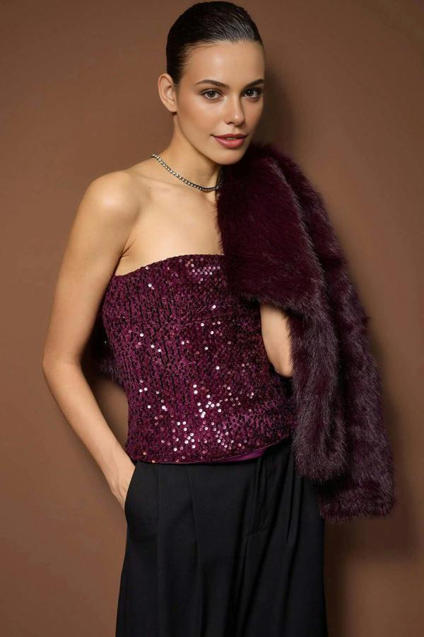 WOVCOR Strapless Sequined Fitted Party Blouse