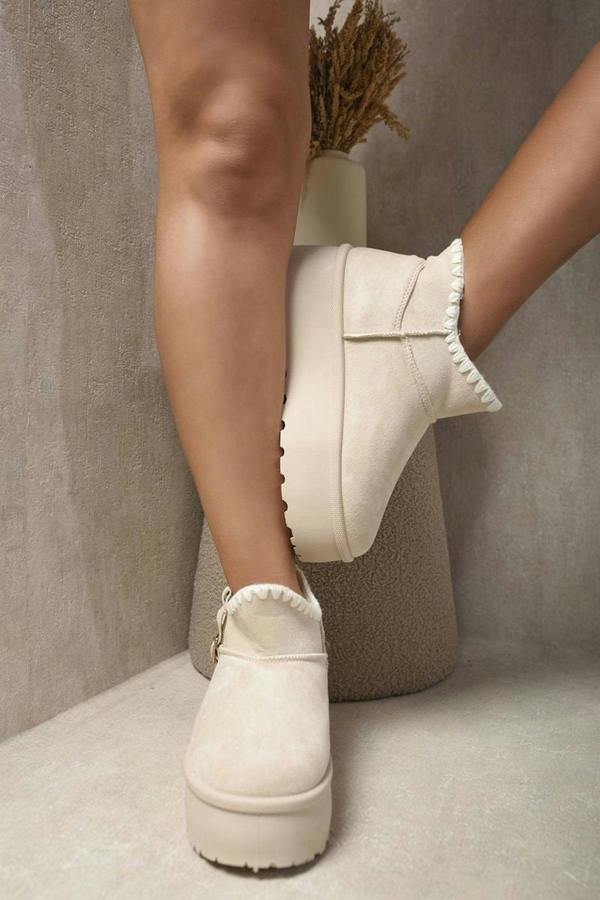 Debra Fur-lined Platform Ankle Boots - Beige