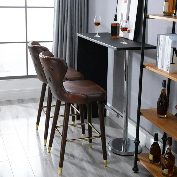 Brown PU leather bar stool with backrest, gold footrest, and wood legs