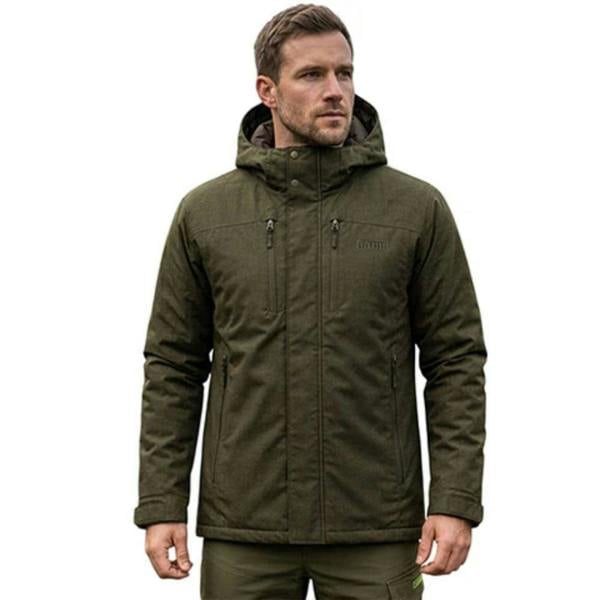Front view of man wearing Game Mens Kendal Waterproof Jacket with zip fastening and chest pockets