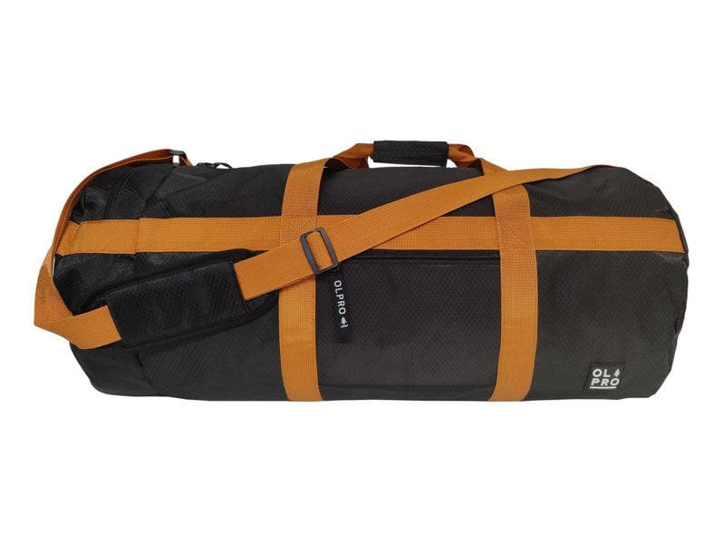 60L Black and Orange Holdall / Duffle Bag OLPRO - side view showing orange straps and zip pocket