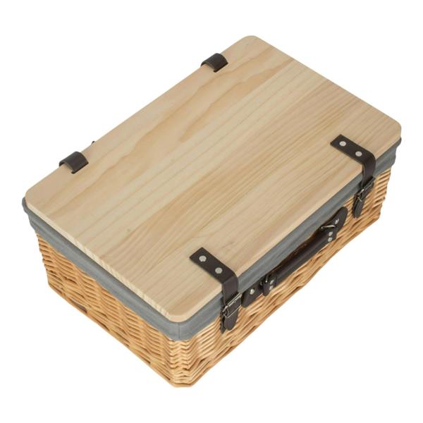 Buff Grey Lined Willow Picnic Basket with Pinewood Lid