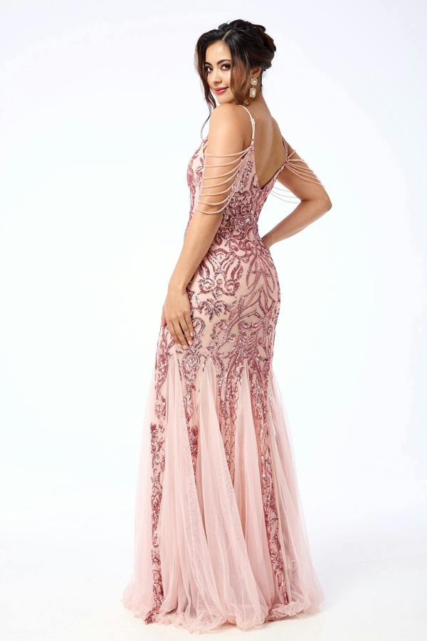 LuvForever Enora - Pink Jewelled Shoulder Sequin Maxi Dress