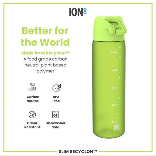 A lime-green water bottle sits against a white background; it is made from a plant-based polymer and displays volume markers. The text reads: "Better for the World," "Made from Recyclon™," "A food grade carbon neutral plant based polymer," "Carbon Neutral," "BPA Free," "Odour Resistant," "Dishwasher Safe," "ION8," and "SLIM RECYCLON™."