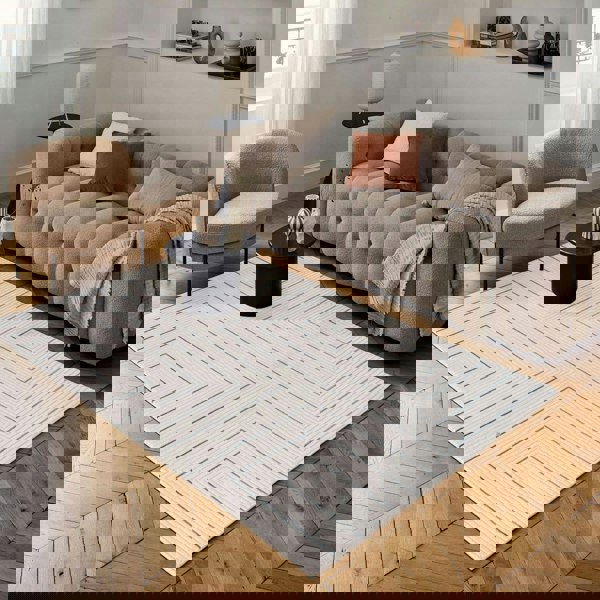 Geometric Living Room rug, blue-cream colours, stain-resistant and non-shedding