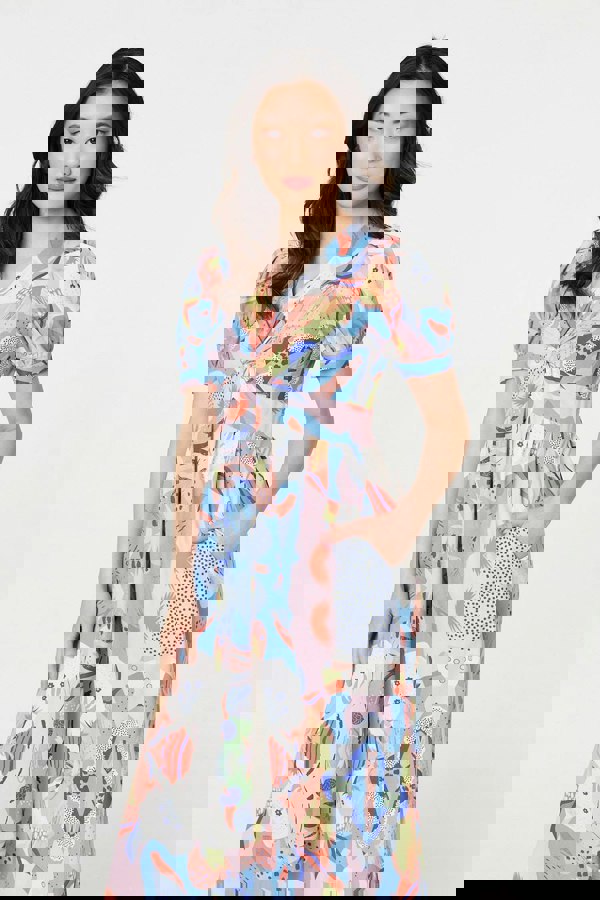 Blue | Abstract Ruched Front Empire Midi Dress
