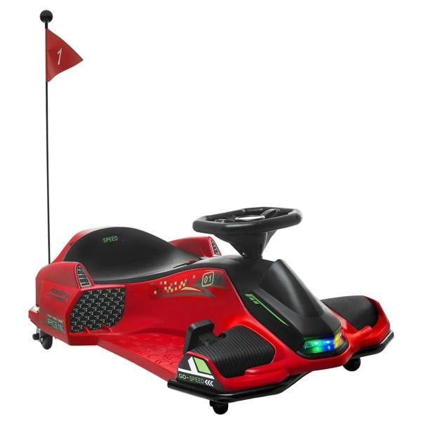 Red kids electric go-kart with black seat, steering wheel, and LED light on front