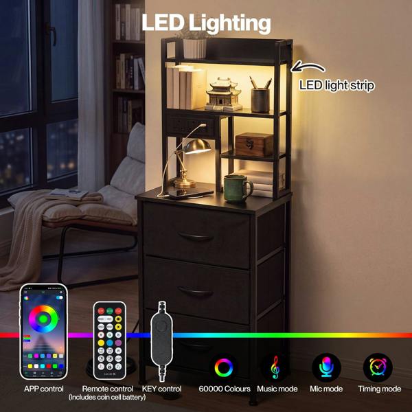 Levede Bedside Table with Charging Station 3 Drawer RGB Light Night Stand Black