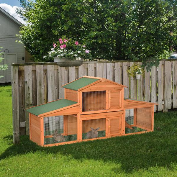 PawHut Deluxe Fir Wood Rabbit Hutch 2-Tier Metal Guinea Pig Small Animal House