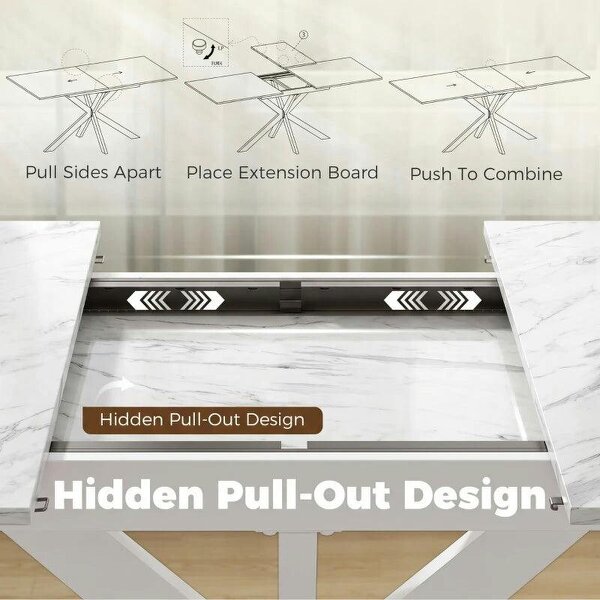 Extendable Dining Table Steel Cross Legs Steel Rails Space Saving White