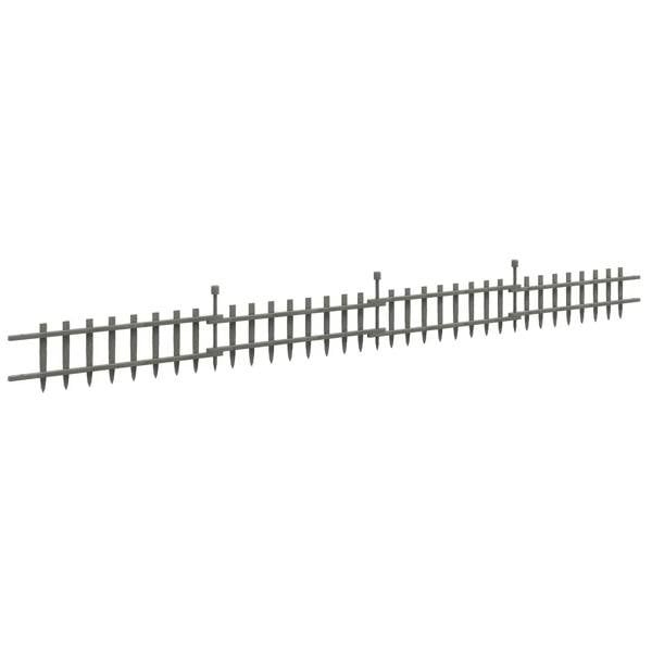 Grey wooden garden fencing landscape edging with vertical pickets and top rail