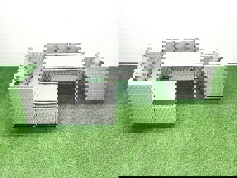 Fimous 5 Pieces Outdoor Rattan Sofa Set with Cushions Patio Garden Furniture Sets with Armchair Dining Table Big Footstool