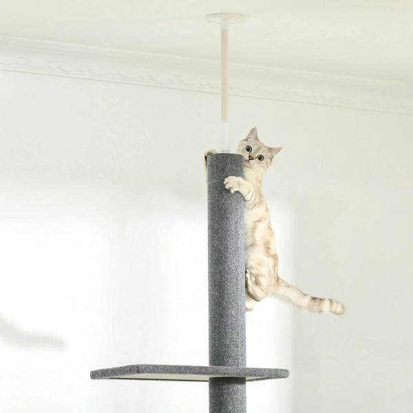 Grey carpet cat tree tower with a top platform and vertical post; cat reaching upward