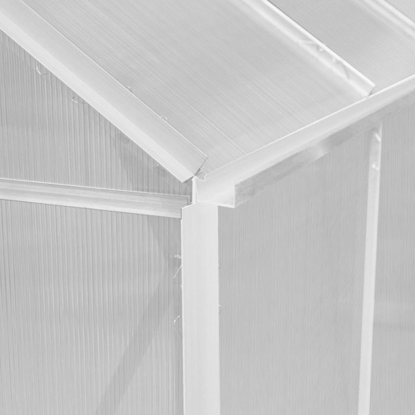 Silver polycarbonate greenhouse corner detail, showcasing sturdy framing and clear panels, designed for optimal sunlight and durability