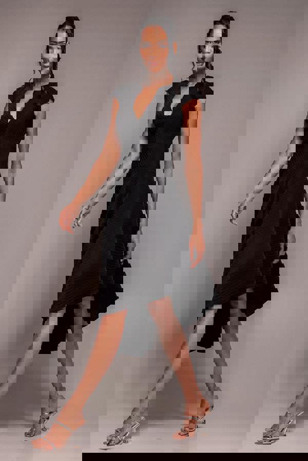 Cap Sleeve Textured Skater Asymmetric Midi Dress - Black DR5076