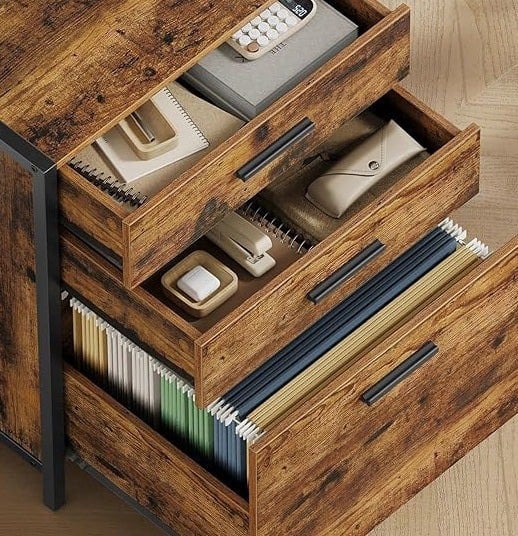 Modcraft Rustic Brown 3-Drawer Filing Cabinet – Home Office File Cabinet with Height-Adjustable Shelves