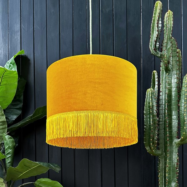 love Frankie butterscotch velvet lampshade with copper lining and fringing