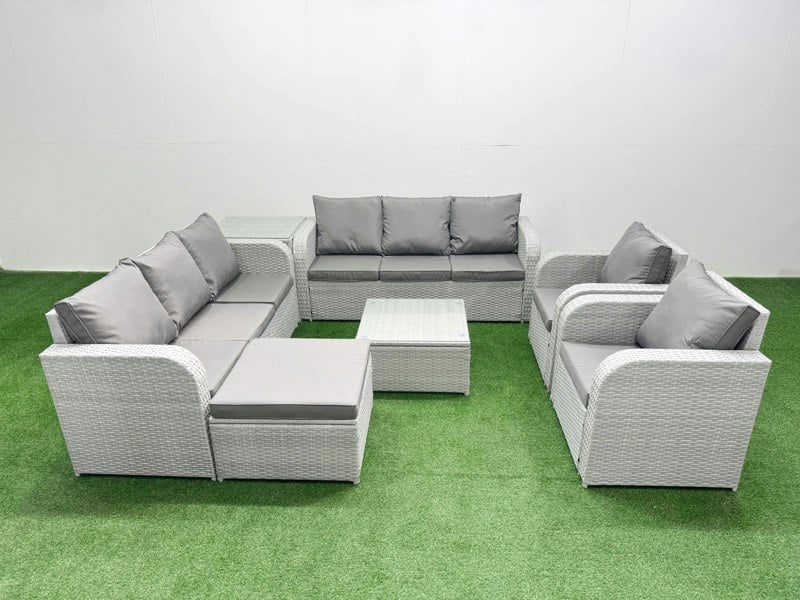 Fimous Rattan High Back Lounge Sofa Set Patio Square Coffee Table & Chairs Set with 3 Seater Sofa Reclining Chair Big Footstool Side Table Light Grey