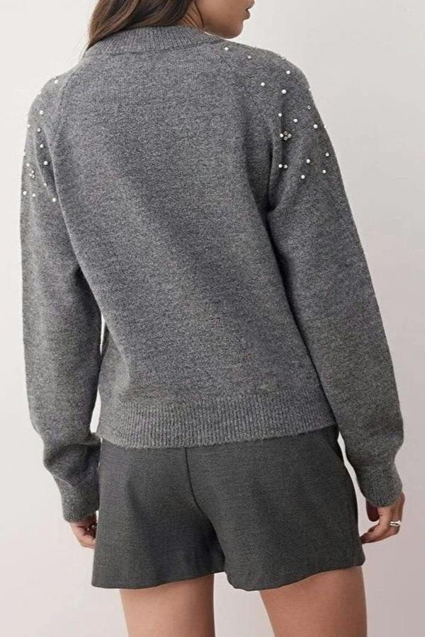 WOVCOR Soft Textured Knit Sweater with Stone and Pearl Details