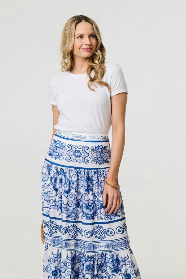 Blue | Mosaic Print High Waist Tiered Maxi Skirt

