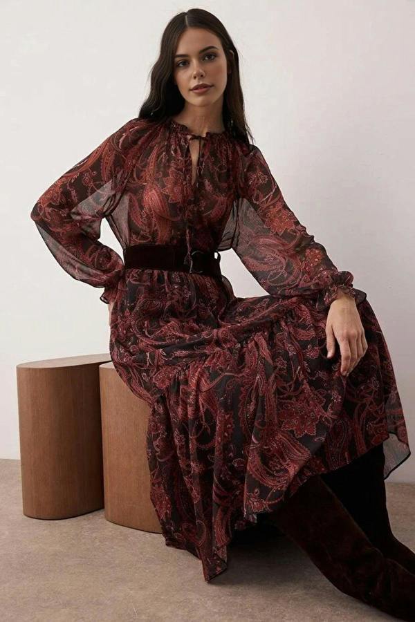 WOVCOR Patterned Maxi Lined Woven Dress with Suede Belt