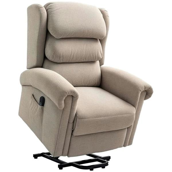 Khaki electric riser recliner chair with padded arms and built-in arm control panel