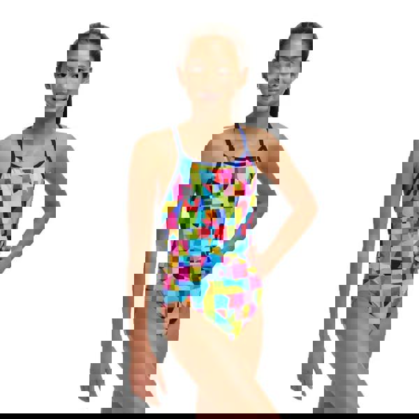 Funkita Girls On The Grid Diamond Back swimsuit in multicolored geometric pattern with grid diamond racerback and navy trim