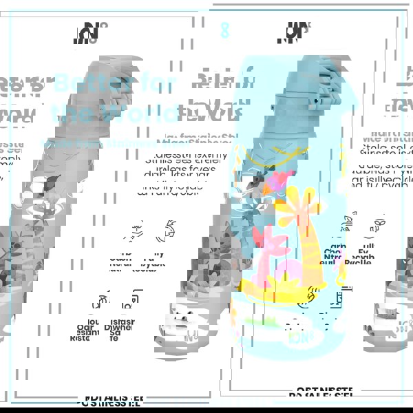 A light-blue stainless steel water bottle, featuring cartoon animals, sits against a white background. It's advertised as durable, recyclable, odour-resistant, and dishwasher-safe. The bottle's brand is ION8.